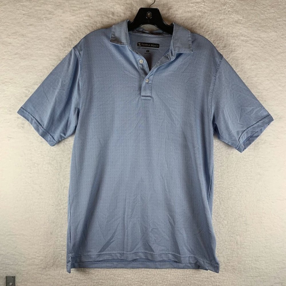 Pebble Beach Polo Shirt Men's Medium Blue Dotted 100% Polyester Performance 6585